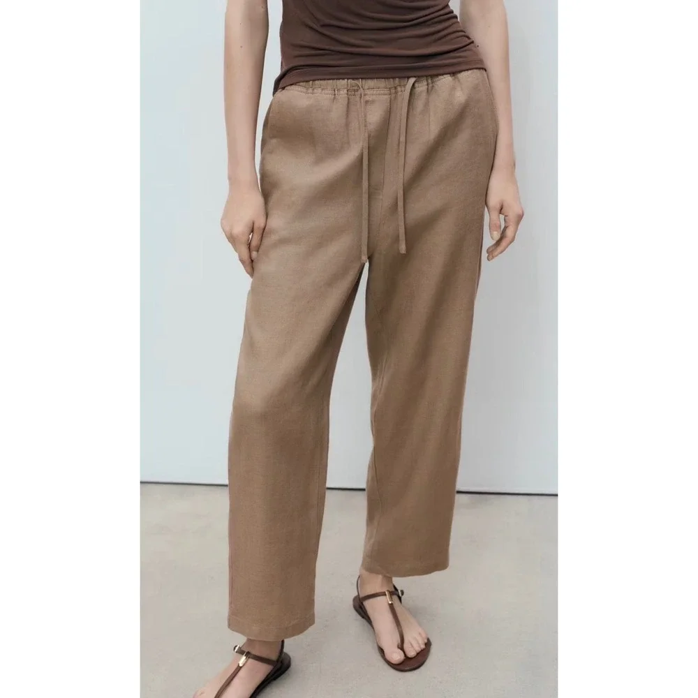 Mango MNG Women Medium Brown Linen Blend Drawstring Waist Trousers Size S NWT